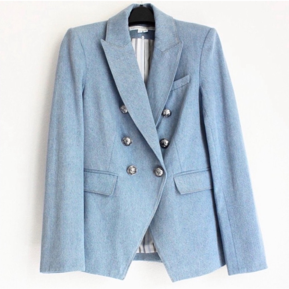 Veronica Beard Miller Dickey, Double-Breasted Light Blue Denim Blazer - Picture 7 of 12